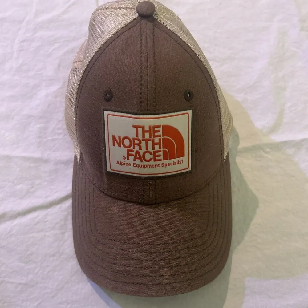 The North Face Hat Brown Trucker Snapback Cap Mesh Back Orange Logo Distressed
